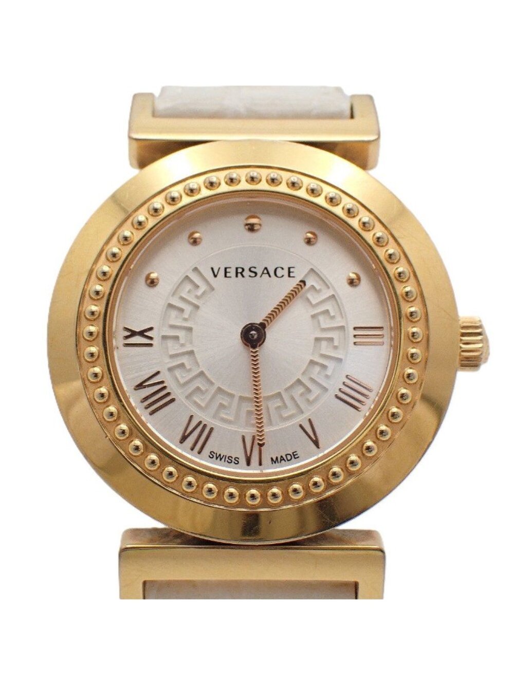 Versace Vanity Quartz Boys' Watch Pink Gold Silver Dial Leather Strap P5q